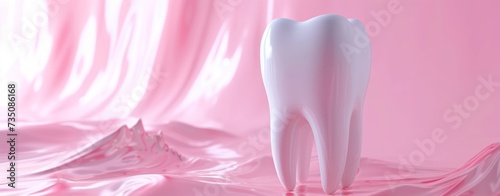 A white tooth is presented on a pink background, showcasing a smooth surface style.