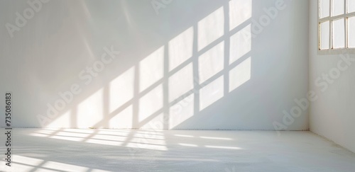 A white window in white color' with the shadow of sunlight, featuring minimalist lines, tabletop photography, minimalist expressionism, light and airy style, and dusty piles.