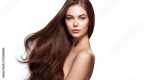 Hair. Beauty Woman with Very Long Healthy and Shiny Smooth Brown Hair. Model Brunette Girl Portrait isolated on a white background. Gorgeous Hair