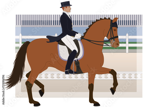 equestrian dressage, upper level horse with male rider in formal dress with arena in the background