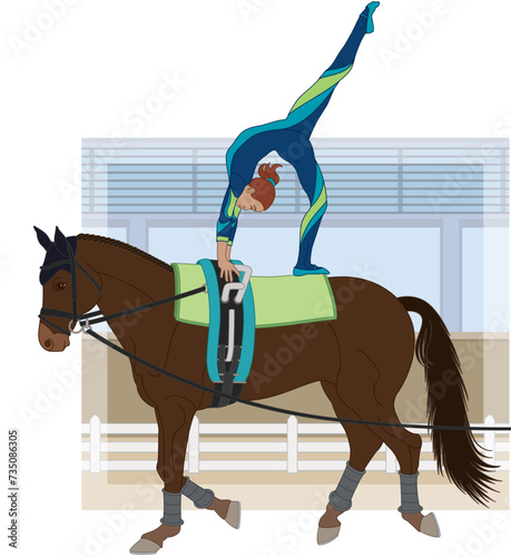 equestrian vaulting, female vaulter on horseback in artistic pose with arena in the background