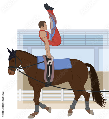 equestrian vaulting, male vaulter on horseback in artistic pose with arena in the background