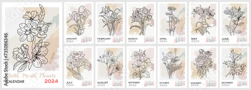 Abstract printable wall monthly calendar template for 2024. A2, A3 Vertical design with birth month flowers line art vector drawing on watercolor stain background. Week starts on Monday. photo