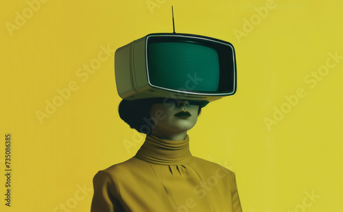 A woman wearing a mask to broadcast a video, in a style of illusory realism and minimalistic forms. © Duka Mer
