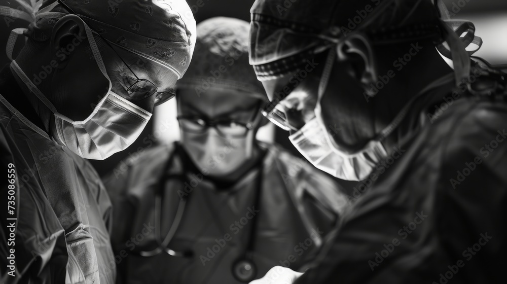 A dedicated surgical team is intently performing a surgical procedure in the sterile environment of an operating theater, surgical team performing operation in operating theater.