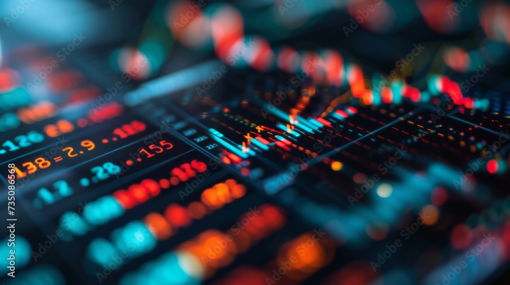 Fototapeta premium Dynamic display of stock market price fluctuations with glowing data points and graphs on a digital screen, symbolizing financial market activity, stock market data visualization on digital display.
