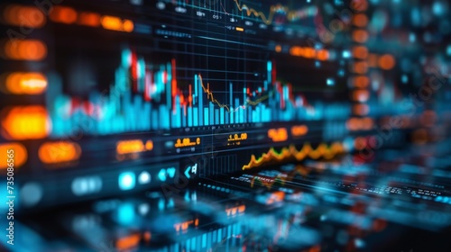 Dynamic display of stock market price fluctuations with glowing data points and graphs on a digital screen, symbolizing financial market activity, stock market data visualization on digital display.