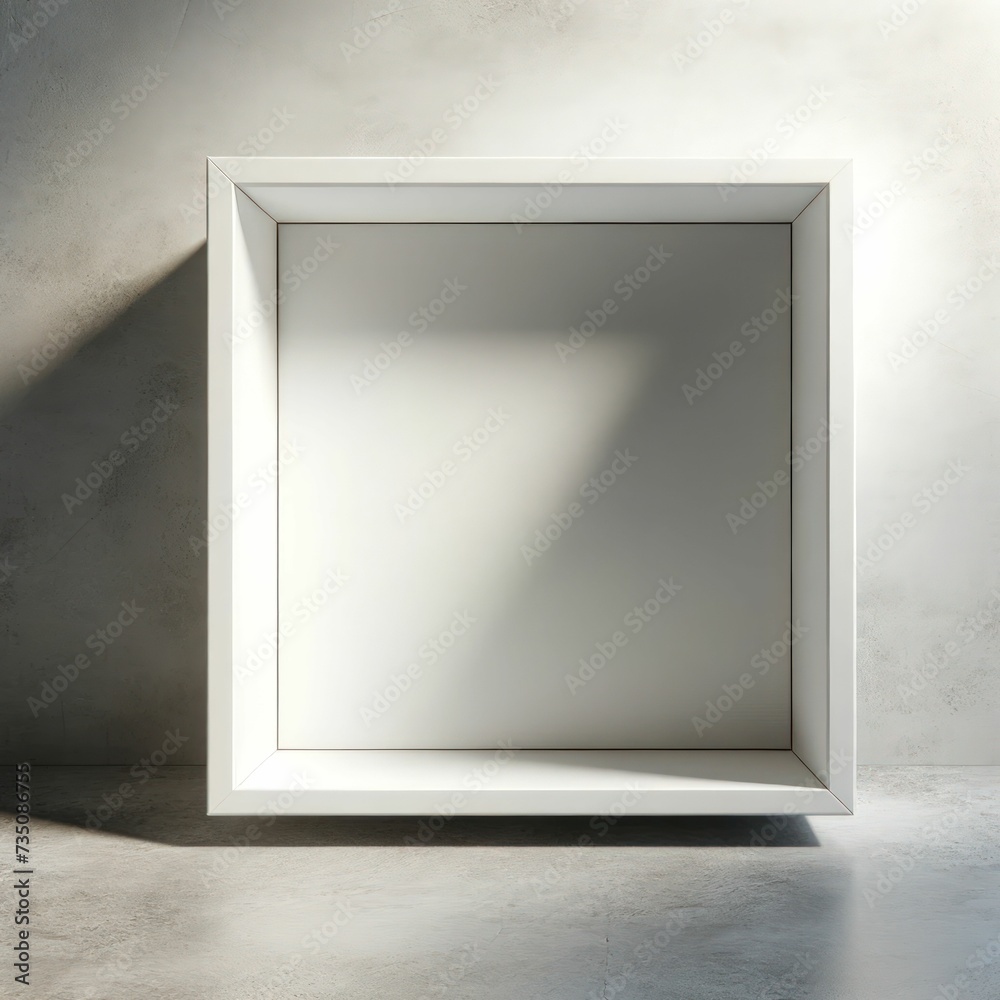 A mockup minimalist white square frame placed on a concrete floor in a brightly lit room, casting a soft shadow, with a modern and clean aesthetic A mockup minimalist white square frame placed on a concrete floor in a brightly lit room, casting a soft shadow, with a modern and clean aesthetic