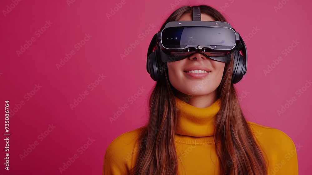 Creative young woman wearing high tech glasses headphones on vibrant solid background Creative young woman wearing high tech glasses headphones on vibrant solid background