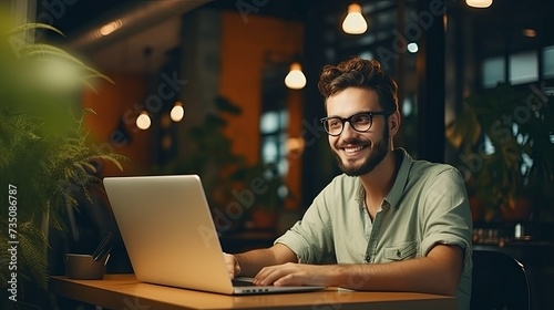 Happy smiling girl wearing eyeglasses while sitting at home interior and working on laptop, joyful freelancer woman using portable computer at modern co-working office, visual effects photo