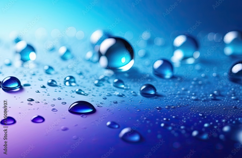 Splash of clear liquid cosmetic product. Gel texture with bubbles. Lots organic oil bubbles on blue background. Concept of skin moisturizing. Oil and water bubbles macro photography.