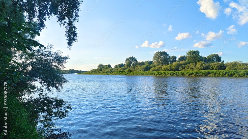 Branches of willows growing on the river bank overhang the water. There are ripples on the water. Deciduous trees and shrubs grow on the opposite grassy bank. Summer sunny weather and blue sky Branches of willows growing on the river bank overhang the water. There are ripples on the water. Deciduous trees and shrubs grow on the opposite grassy bank. Summer sunny weather and blue sky