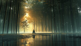 Mystical Bamboo Forest with Sunbeams Illuminating a Lone Meditator on Water