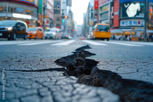 Urban chaos: cracked road reveals earthquake aftermath in bustling city.