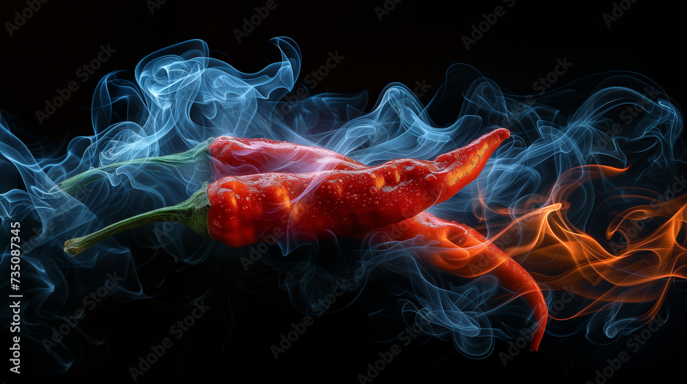 Fototapeta premium Fiery and Cool Conceptual Art of a Red Hot Chili Pepper with Smoke and Flames