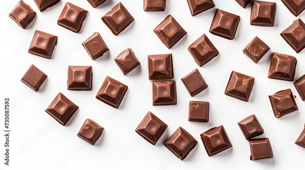 Milk chocolate pieces isolated on white background from top view Milk chocolate pieces isolated on white background from top view