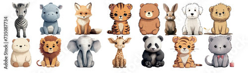 Adorable Collection of Cartoon Animals Including Zebra, Hippopotamus, Fox, Tiger, Bear, Rabbit, Dog, Lion, Polar Bear, Lion Cub, Elephant, Giraffe, Panda Bear, Tiger Cub