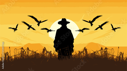 Abstract scarecrow with crow silhouettes  representing pest control in farming. simple Vector Illustration art simple minimalist illustration creative