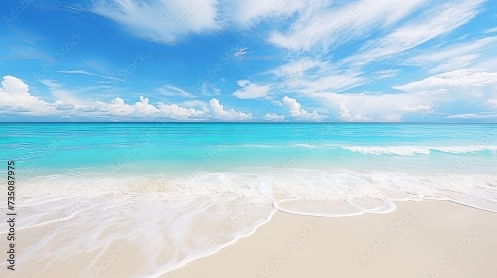 Panorama of beautiful white sand beach and turquoise water in Maldives, summer vacation, beach background.. Waves of the sea on the sandy beach