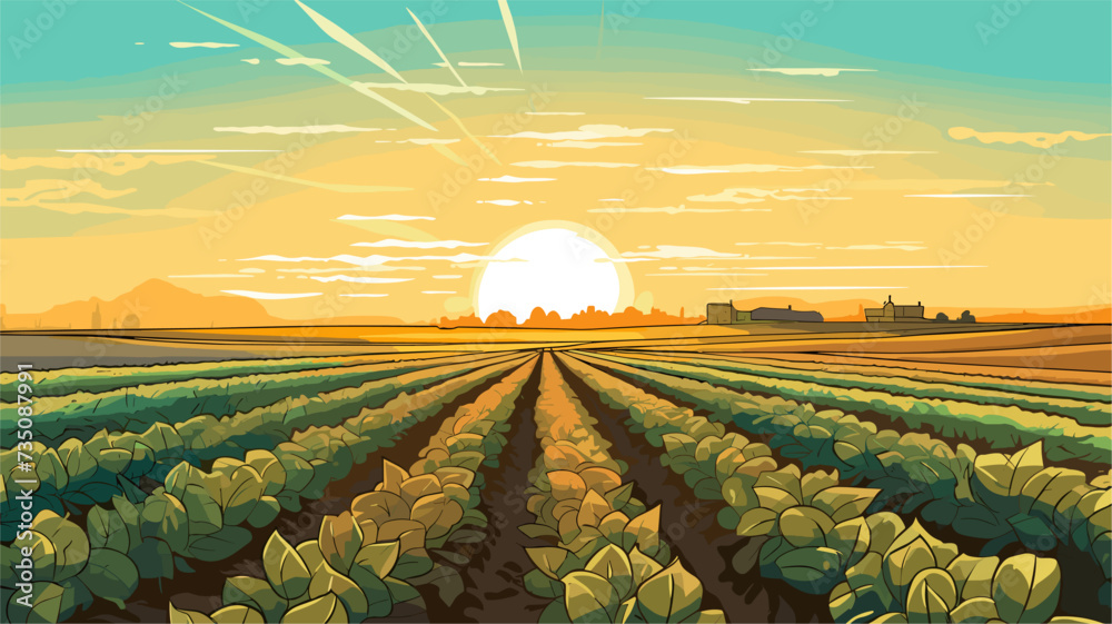 Sun rising over a row of crops  symbolizing the importance of sunlight in agriculture. simple Vector Illustration art simple minimalist illustration creative - obrazy, fototapety, plakaty 