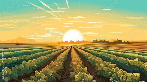 Sun rising over a row of crops  symbolizing the importance of sunlight in agriculture. simple Vector Illustration art simple minimalist illustration creative photo