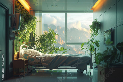 A tranquil hospital room with soft ambient lighting and calming nature views.