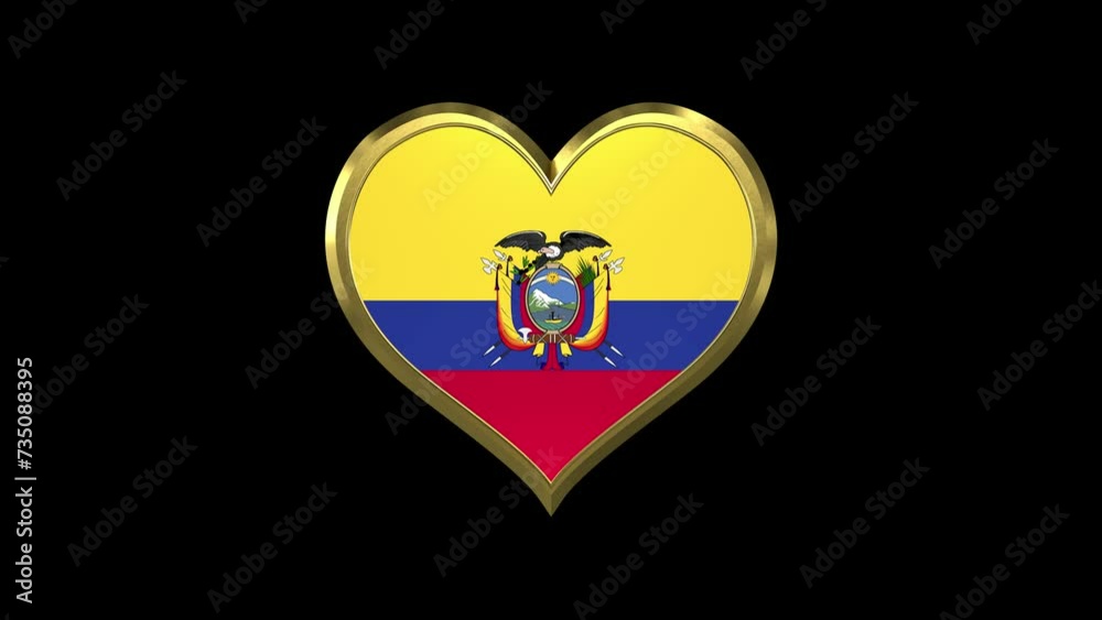 Ecuador Flag In Golden Heart Shape With Alpha Matte. Seamless Loop Ecuador Flag In Golden Heart Shape With Alpha Matte. Seamless Loop