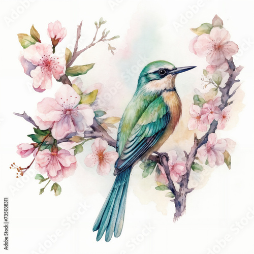 a bird sitting on a branch of a tree with flowers in the background and a watercolor painting of a bird on the branch, generative ai © Vitaliy
