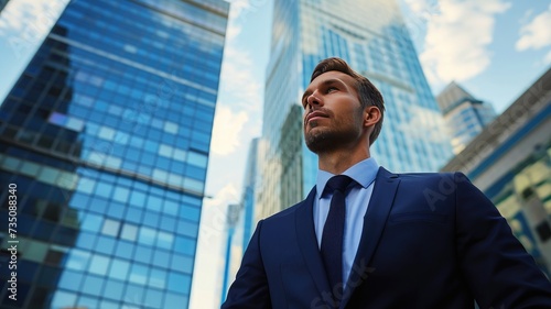 man in business suit standing in front of a big office building