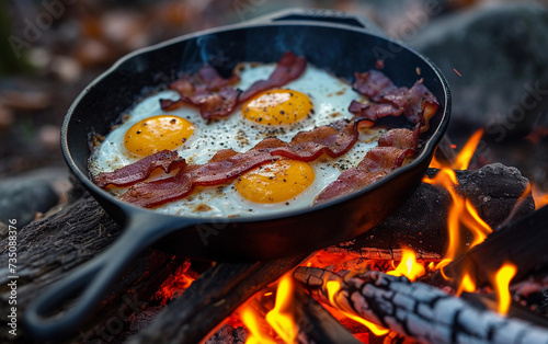 A skillet containing eggs and bacon cooks over a campfire surrounded by multiracial people.