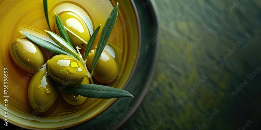 Olive oil and olives close up. Banner with place for text
