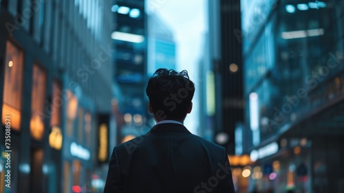 man in business suit standing in front of a big office building