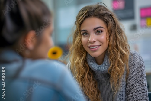 Young woman counselor engages with a high school student, providing mentorship and assistance for educational and personal development.