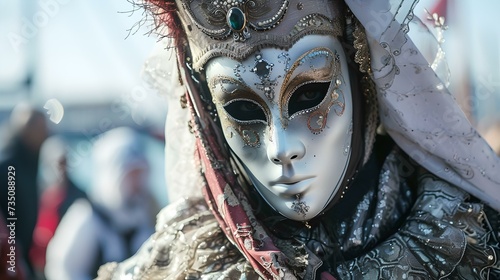 Mysterious masked figure at a traditional carnival, venetian style mask with intricate details. portrait of cultural event participant. AI