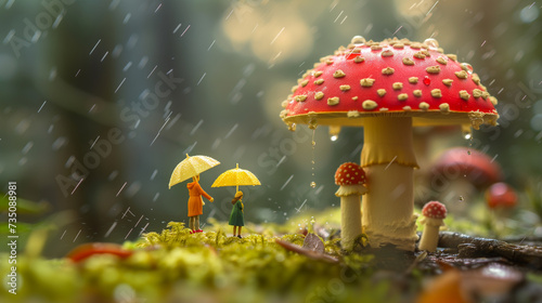 Whimsical Scene of Miniature Figures with Umbrellas Sheltering Under Giant Mushrooms in the Rain