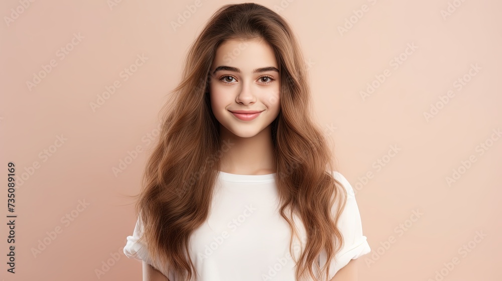 Fototapeta premium Portrait of cute charming nice pretty teen teenager look hairstyle hair feel glad attractive lovely wear white light-colored top singlet isolated pastel beige background