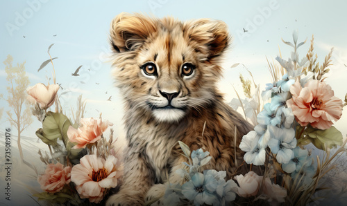 Color illustration of a lion cub on a natural background.