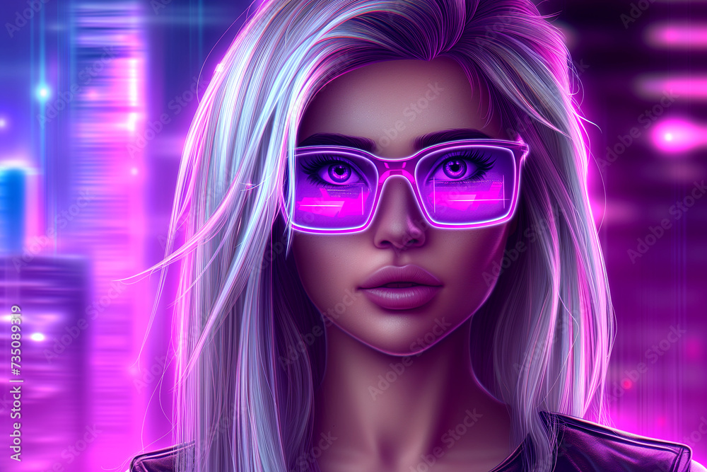 Portrait of a girl wearing digital glasses in cyberpunk style. Against the backdrop of the city in neon light. Future concept. Advanced digital technologies