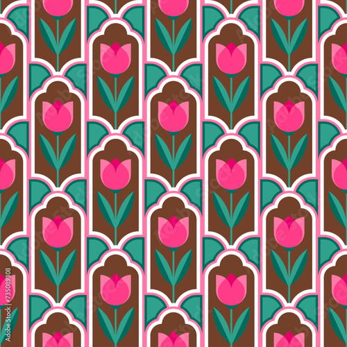 Retro geometric pink tulip seamless pattern background.