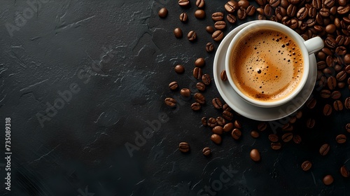 Fresh morning coffee cup surrounded by roasted beans on dark background. ideal for cafe menus. simple elegance. AI