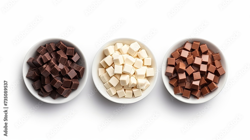 Set of dark, white and milk chocolate pieces in bowl isolated on white background, top view Set of dark, white and milk chocolate pieces in bowl isolated on white background, top view