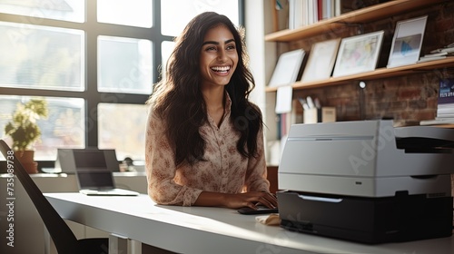 Single laughing young Indian woman beside printer on shelf and wearing long hair while seated in front of laptop computer in bright room