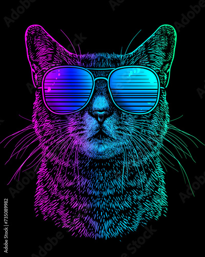 Portrait of a cat. Black background. Design for t-shirt