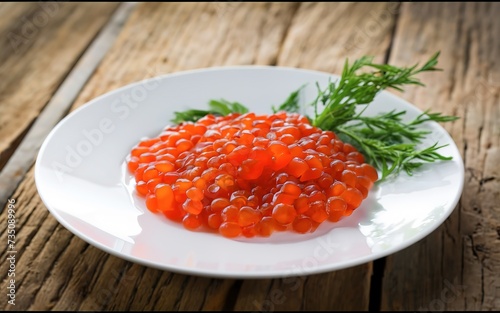 red caviar on a white plate with herbs on wooden table