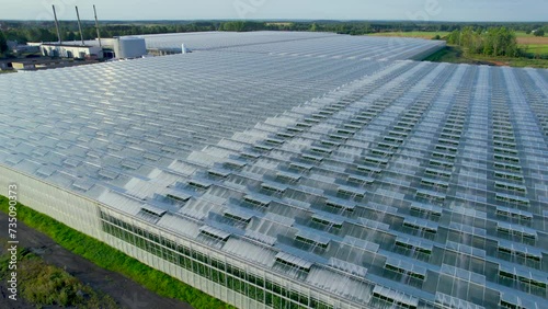 Modern Greenhouses Aerial View. Farming Organic Vegetable Cultivation in Greenhouses, Agriculture Industry. Large Industrial Technology Greenhouses With Transparent Glass Roof With Vegetables.
