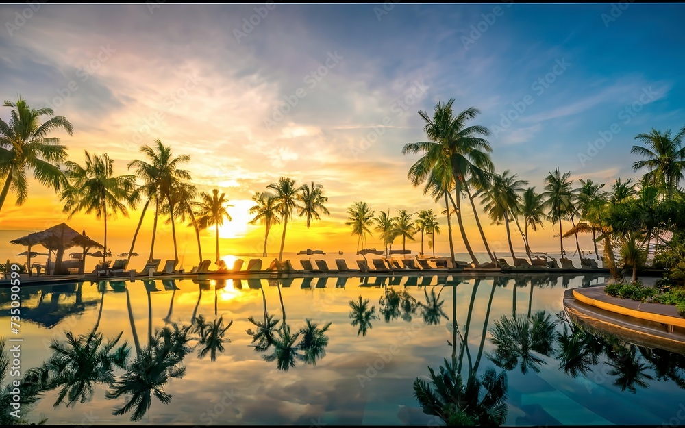 Silhouette coconut palm tree around outdoor swimming pool in hotel and resort