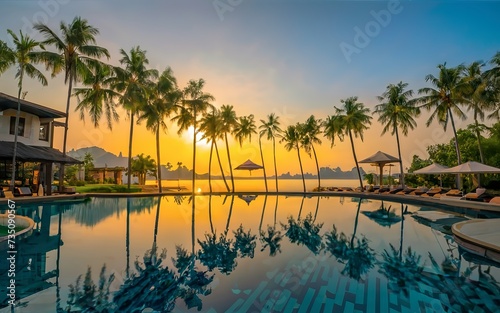 Silhouette coconut palm tree around outdoor swimming pool in hotel and resort © Lupu