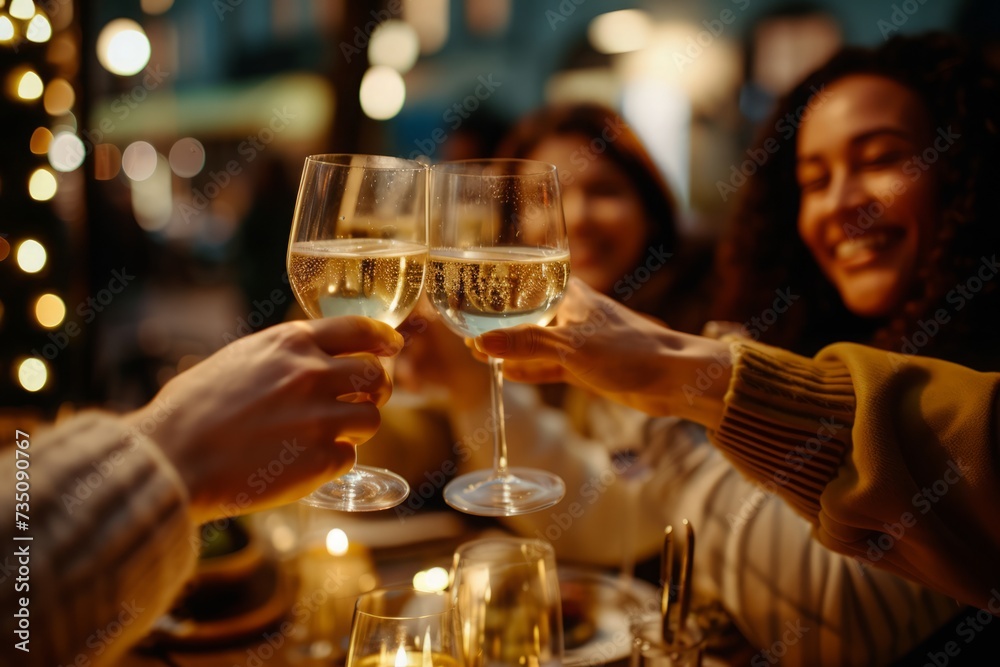 people toasting together at a restaurant in a winter, in the style of modern urban, dark white and amber, human-canvas integration, monsù desiderio, multicultural, quadratura, happycore people toasting together at a restaurant in a winter, in the style of modern urban, dark white and amber, human-canvas integration, monsù desiderio, multicultural, quadratura, happycore