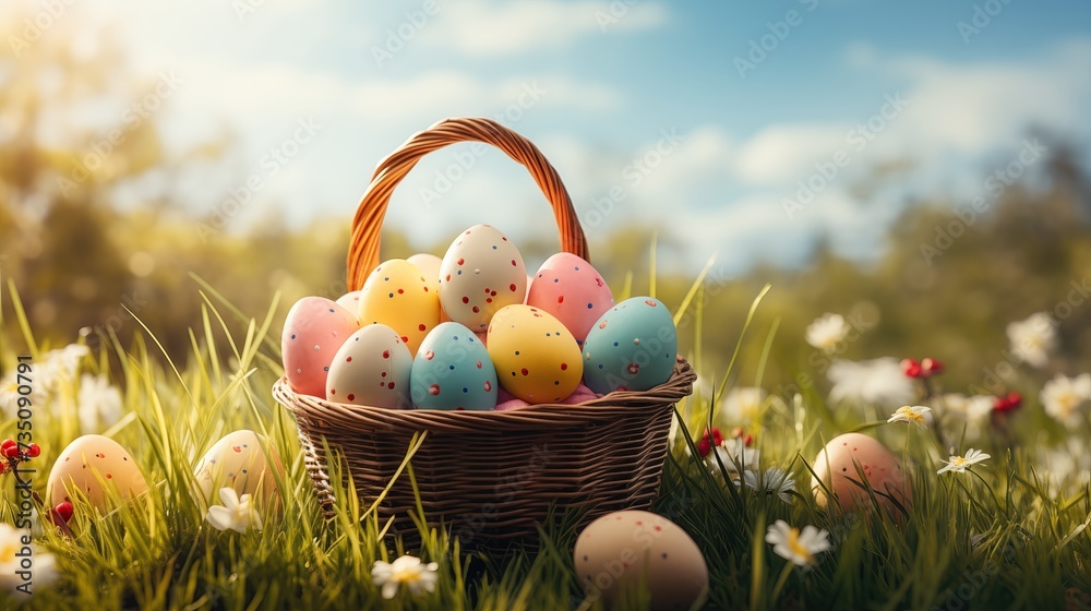 Easter Basket Filled With Colorful Eggs, Spring Flowers, and Seasonal Decorations on Green Grass and Sunny Spring Background Easter Basket Filled With Colorful Eggs, Spring Flowers, and Seasonal Decorations on Green Grass and Sunny Spring Background