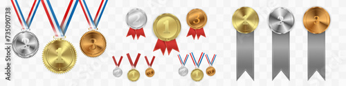 Set of gold, bronze and silver. Award medals isolated on transparent background. Vector illustration of winner concept.	
